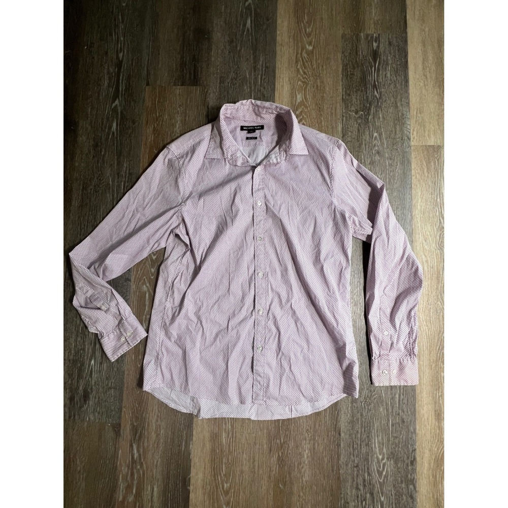Michael Kors Button Down Mens Large White Burgundy Trim Stretch Pattern